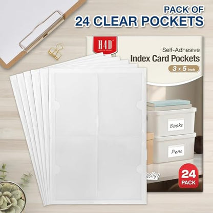 H4D 24 Pack Labels for Storage Bins, 3" x 5" Plastic Clear Adhesive Index Card Holders, Tote Label Pockets for Organizing Storage, Library Card, Shelves - size: 3" x 5", style: 24 Pack