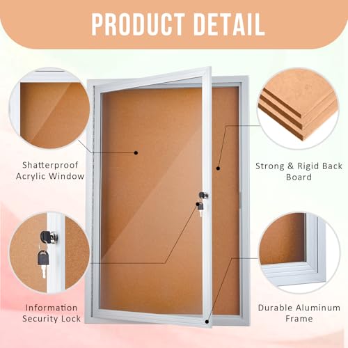 Enclosed Cork Bulletin Board 36"x24" Outdoor Weatherproof Cork Noticeboard with Locking Door Wall-Mounted Silver Aluminium Frame for Home, School, Office, Community, Hospital