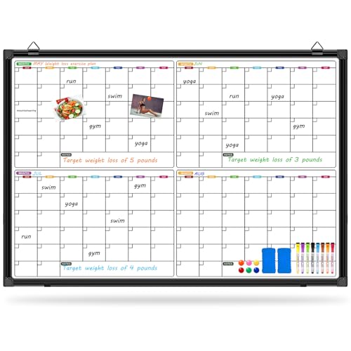 4 Month Dry Erase Calendar for Wall 36" x 24", Magnetic Calendar Whiteboard with Black Aluminum Frame, Magnetic White Board Calendars for Office Home and School - size: 36"W x 24"H