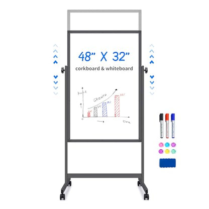 maxtek Rolling White Board, 48 x 32 Height Adjustable Whiteboard on Wheels, Large Magnetic Standing Mobile Easel Board, Double-Sided with Stand for Office, Home, and Classroom（Black） - style: 48x32 in Black