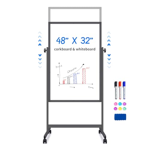 maxtek Rolling White Board, 48 x 32 Height Adjustable Whiteboard on Wheels, Large Magnetic Standing Mobile Easel Board, Double-Sided with Stand for Office, Home, and Classroom（Black） - style: 48x32 in Black