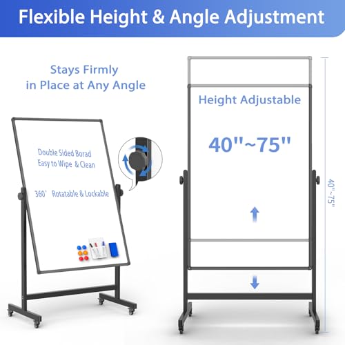 Rolling Whiteboard on Wheels, Double-Sided Magnetic Dry Erase Board with Stand, Mobile White Board for Office, Classroom, Home (28" x 40") - color: Black, size: 28"W x 40"H