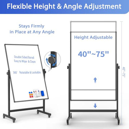 Rolling Whiteboard on Wheels, Double-Sided Magnetic Dry Erase Board with Stand, Mobile White Board for Office, Classroom, Home (28" x 40") - color: Black, size: 28"W x 40"H