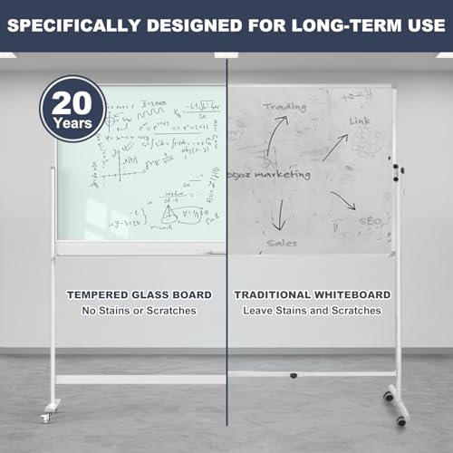 Tankee Rolling Whiteboard, 48x32 Inches Magnetic Glass Dry Erase Board with Stand, Standing White Board on Wheels, Large Glass Mobile Whiteboard for Office School Classroom Home Homeschooling - color: Magnetic Glass Board - W, size: 48"x32"