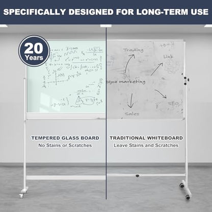 Tankee Rolling Whiteboard, 48x32 Inches Magnetic Glass Dry Erase Board with Stand, Standing White Board on Wheels, Large Glass Mobile Whiteboard for Office School Classroom Home Homeschooling - color: Magnetic Glass Board - W, size: 48"x32"
