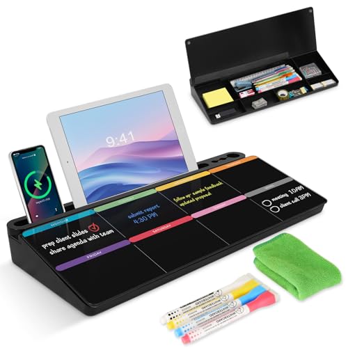 Desktop Glass Whiteboard with Storage, Colorful Weekly Calendar Desk Dry Erase White Board, Desk Organizers and Accessories, Weekly Planner with Notes for List, Planning, Memo, Office, Home, School - color: Colourful Weekly Planner-black