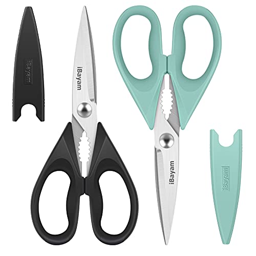 iBayam 2 Pack All Purpose Kitchen Scissors Shears Heavy Duty, Blade Covers | Stainless Steel Blade, Soft Comfort-Grip Handle, Dishwasher Safe, Food & Meat Scissors, Home, Kitchen, Dining Utility Gadgets - color: Black, Aqua Sky, size: 2-Pack