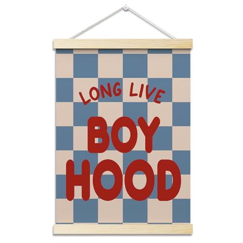 Long Live Boyhood Posters Hanger Frame for Boys Room Checkered Hanging Poster for Bedroom Kids Room Classroom Decor Wall Art Decor for Nursery Playroom Canvas Wall Art Print 16x12 Inches - YY065 - color: blue and red boyhood