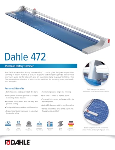 Dahle 472 Premium Rolling Trimmer, 72" Cut Length, 12 Sheet Capacity, Self-Sharpening, Automatic Clamp, German Engineered Paper Cutter - size: 72" Cut Length