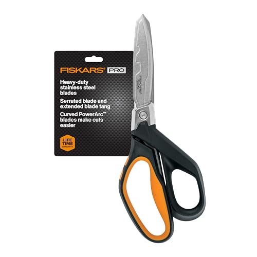 Fiskars PowerArc 8" Shop Shears, Heavy Duty Serrated Stainless Steel Scissors with Comfort Grip, Hardware Tool for Construction, Cut Materials like Insulation, Duct Tape, Cardboard, Rope and Tyvek - style: Serrated 8 in.