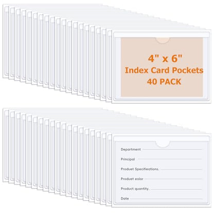 40 PCS Index Card Pockets 4"X6", Self Adhesive Card Pockets, Clear Label Pockets for Storage Bins, Plastic Labels Holders for Organizing, Loading, Drawer,Library Card, Totes, Shelves (4"X6") - size: 4"X6"