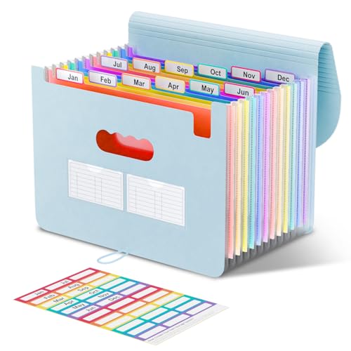 ThinkTex Accordion File Organizer, 12 - Pocket Expanding File Folders for Paper Receipts, Bill&Taxes Organizer, Letter/A4 Size Document Holder for School, Office, Home with Colorful tabs-Light Blue - color: Light Blue