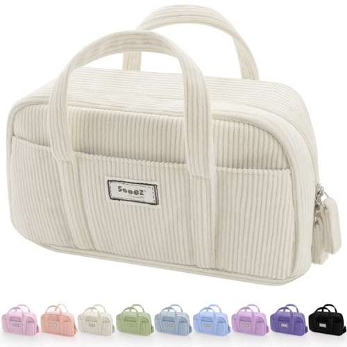 Sooez Large Pencil Case Pouch, Extra Big Pencil Bag with 5 Compartments, Pen Bag Wide Opening, Soft Corduroy Pencil Pouch Organizer with Zipper, Cute Aesthetic School Supplies for Teen Girls-Beige - color: Beige