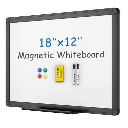 VIZ-PRO Magnetic Whiteboard/Dry Erase Board with Black Aluminium Frame, 18 X 12 Inches, Includes 1 Eraser & 2 Markers & 4 Magnets - size: 18"W x 12"H