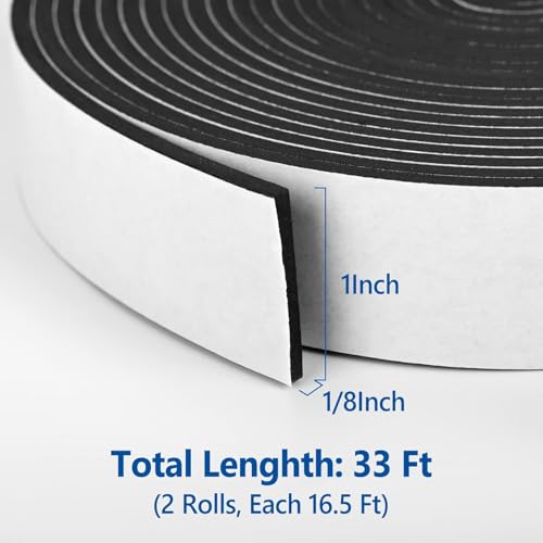 Kikerike Self Adhesive Foam Tape Weatherstrip 1In x 1/8In x 33Ft High Density Foam Insulation Strips Seal Weather Stripping with Strong Adhesive for Door and Window Sound Isolation Soundproofing - size: 1in x 1/8in x 33Ft