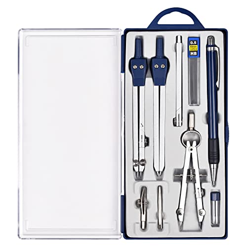 Unjoo 9Pcs Precision Geometry Set Metal Compass, Geometry Tool Tool Set with Shatterproof Storage Box, Circle Drafting Tool and Architecture, Drafting Kits for Engineers Students(Blue) - color: Blue