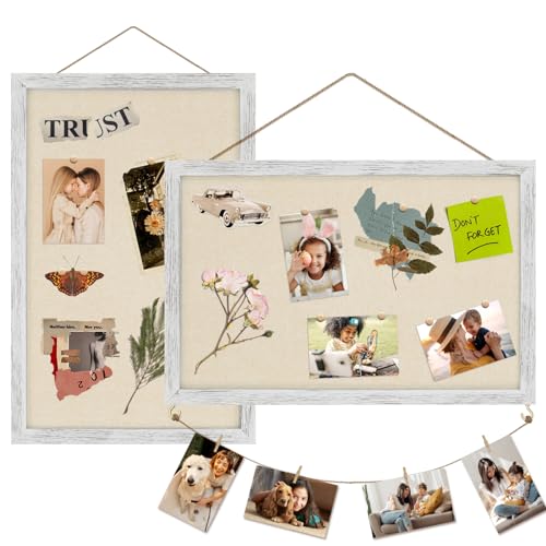 Egofine Cork Board Bulletin Board with Linen, 16x11 Wood Frame Pin Board, 2 Pack Cork Boards for Walls, Vision Board Hanging horizontal or Vertically for Office Home Decor School Kitchen, Rustic White - color: Rustic White