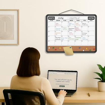 Monthly Calendar Dry Erase Board 16x12 Inch, Double-Sided Whiteboard and Corkboard Combo with Black Plastic Frame, Wall Mounted Planner Organizer with Markers, Magnets, Push Pins, Eraser - size: 16"W x 12"H, style: Black Plastic Frame