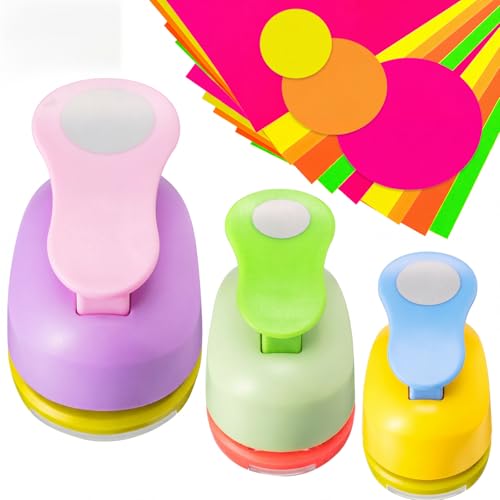 Chengu 3 Pack Circle Punch for Paper Craft 2, 1 and 5/8 Inch Punch Paper Punchers Round with 10 Pcs Sticker, Cutter Random for Card Making Scrapbook DIY Albums Photos Office Supplies - color: Random Color, style: Circle