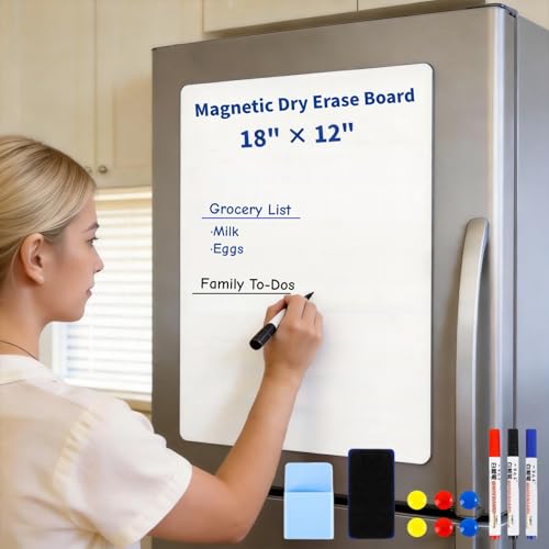 Small Magnetic Whiteboard Sticker 12"x18" - Self-Adhesive Dry Erase Wall Decal for Kitchen Cabinet, Locker & Desk, No Ghosting, Memo Board & to Do List, Magnet Receptive, w/ 11 Markers & Magnets - size: 18"x12"