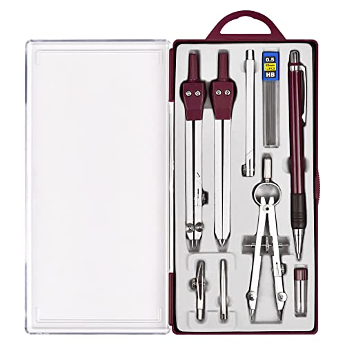 Unjoo 9Pcs Precision Geometry Set Metal Compass, Geometry Tool Tool Set with Shatterproof Storage Box, Circle Drafting Tool and Architecture, Drafting Kits for Engineers Students (Brown) - color: 9pcs-red