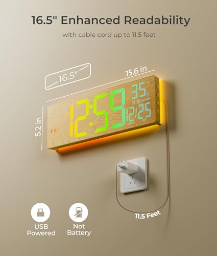 EASYERA 16.5" Large Digital Wall Clock with BT Sync, Wood Grain Clock with 11 RGB Light Scenes, Remote Control, Dual Alarms with Big LED Display, Auto DST, Temperature for Classroom Gaming - color: Beige