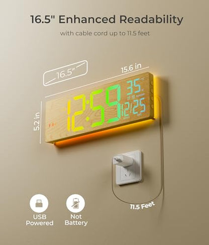 EASYERA 16.5" Large Digital Wall Clock with BT Sync, Wood Grain Clock with 11 RGB Light Scenes, Remote Control, Dual Alarms with Big LED Display, Auto DST, Temperature for Classroom Gaming - color: Beige
