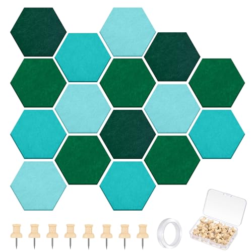 Mindsoft 6.7 x 5.9 in 16 Pcs Hexagon Cork Board Tiles with 50 Wooden Push Pins, Cork Boards for Wall, Felt DIY Tiles with Nano Tape, Pin Board for Office Classroom Home Photo Memo Note (Turquoise) - color: Turquoise, size: 6.7 x 5.9 in