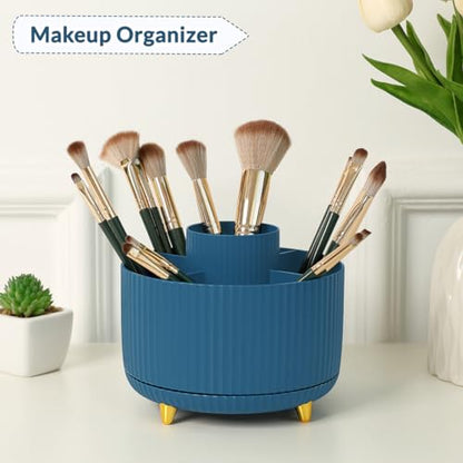 SKYDUE 360 Degree Rotating Desk Organizer, Dual-Purpose Pencil Pen Holder, Rotating Desk Pen Organizer with 5 Slots, Pencil Cup for Office, School, Home - color: Dark Blue