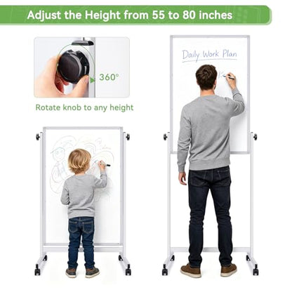 Rolling Whiteboard on Wheels, 32x48 Inches Double-Sided Magnetic Dry Erase Board with Stand, Height Adjustable Mobile White Board Easel for Classroom Home Office - style: White