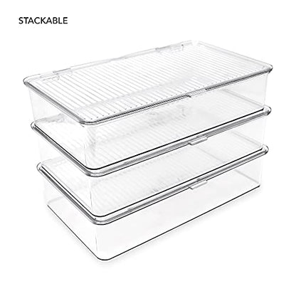 Isaac Jacobs Small Stackable Organizer Bin (10.75” x 6.5” x 2.4”) w Hinged Lid Clear Storage Box Home Office School Fridge Bathroom Kitchen Pantry Container BPAFree Food Safe (Small Clear) - size: Small