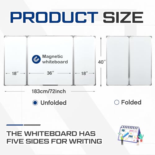 AmazingSpark 72” x 40” Foldable Whiteboard Dry Erase Board Large Tri Folding Whiteboard Magnetic Dry Erase Board, Wall Aluminium Frame and Pen Tray for Office, Home - size: 72"W x 40"H