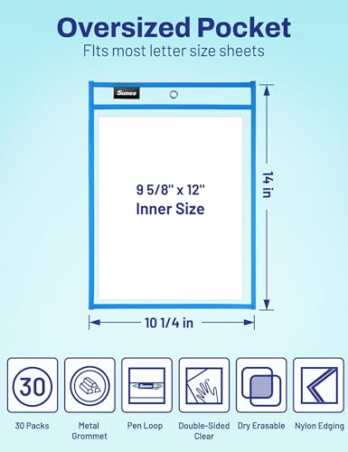 SUNEE 30 Packs Oversized Reusable Dry Erase Pocket Sleeves with 2 Rings, Blue 10x14 Ticket Holders, Clear Plastic Sheet Protectors, Teacher School Classroom Supplies - color: Blue, style: 30 Pack