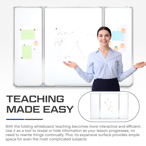 AmazingSpark 48” x 36” Foldable Whiteboard Dry Erase Board Large Tri Folding Whiteboard Magnetic Dry Erase Board, Wall Aluminium Frame and Pen Tray for Office, Home - size: 48”W x 36”H
