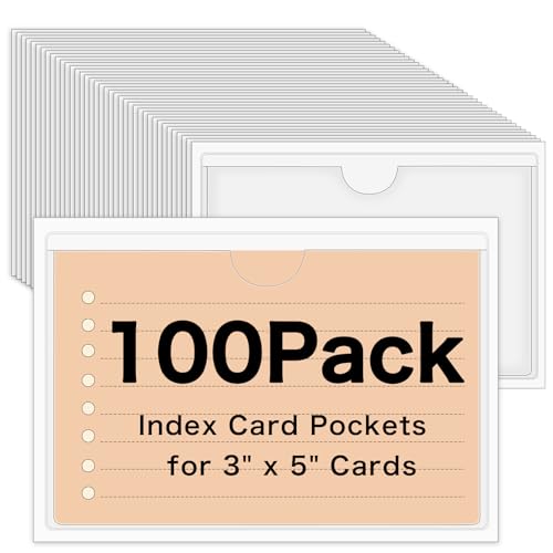 100 Pack Self-Adhesive 3" x 5" Index Card Pockets with Top Open for Loading, Clear Plastic Index Card Lables Holder for Organizing Storage Bins and Protecting Cards Photos Labels - size: 100pack 3 x 5 Inches