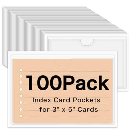 100 Pack Self-Adhesive 3" x 5" Index Card Pockets with Top Open for Loading, Clear Plastic Index Card Lables Holder for Organizing Storage Bins and Protecting Cards Photos Labels - size: 100pack 3 x 5 Inches