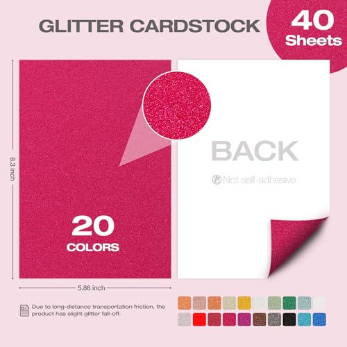 A5 Glitter Cardstock Paper - 40 Sheets 20 Colors, 250GSM Heavyweight Sparkly Glitter Paper for Scrapbooking, Card Making, DIY Crafts, No Shedding, Acid-Free & Vivid Colors