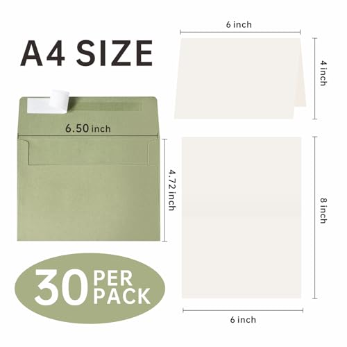 70 Packs A4 Envelopes, White, 4x6 Photo, Self Seal for Invitations, Weddings, Baby Shower, Photos, Postcards, Greeting Cards, Mailing (Sage Green, 30 Pack A4 Cards and Envelopes) - color: Sage Green, size: 30 Pack A4 (4.72x6.50in) Cards and Envelopes