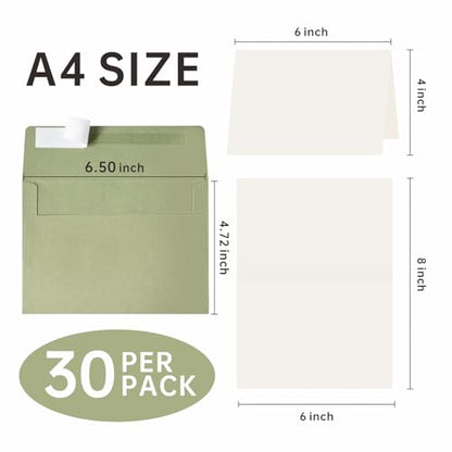 70 Packs A4 Envelopes, White, 4x6 Photo, Self Seal for Invitations, Weddings, Baby Shower, Photos, Postcards, Greeting Cards, Mailing (Sage Green, 30 Pack A4 Cards and Envelopes) - color: Sage Green, size: 30 Pack A4 (4.72x6.50in) Cards and Envelopes