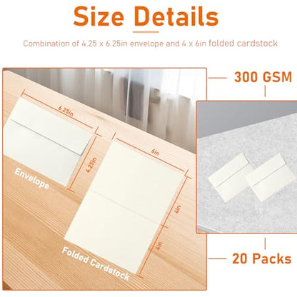 Guakicae Cream Greeting Cards and Envelopes 4 x 6 Printable 300GSM Folded Off White Cardstock and A4 Envelopes Self Seal 20 packs for Wedding Invitations, Birthday, Mailing, Christmas - color: Off White, size: 4x6-20pcs
