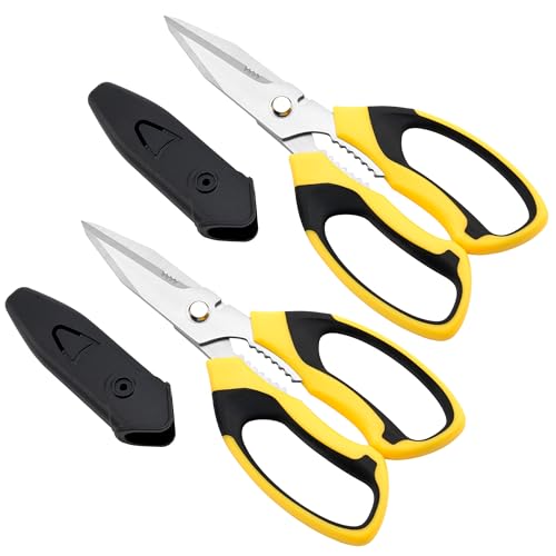 Scissors All Purpose Heavy Duty, 2 Pack Sharp Scissor with Large & Precision Serrations, 8'' Multipurpose Cutting Board Scissors with Special Clip, Wire Cutting Notch & Safety Cover, Yellow