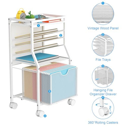 BOHDK Rolling File Cart, 6-Tier Desk File Organizer on Lockable Wheels, White Wood Planks & Mesh Sliding Hanging Folder Drawer, Organization Cart for Office Home School - color: White