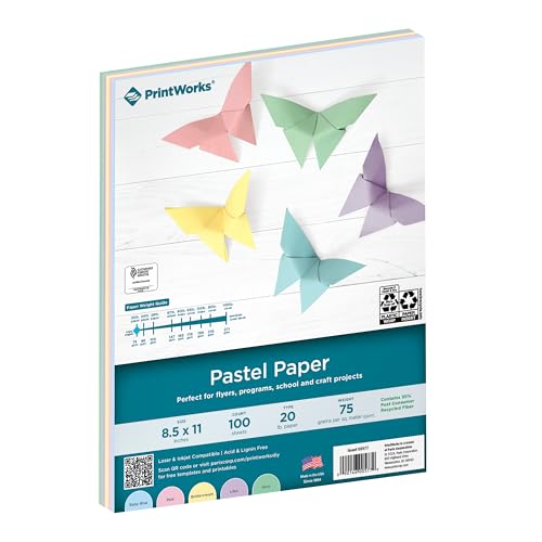 PrintWorks Pastel Paper 8.5" x 11" - 100 Sheets - 5 Assorted Pastel Colors - 30% Recycled Colored Paper - Ideal for School & Craft Projects - Made in the USA - SFI® Certified - 20 lb/75 gsm (00577) - color: Baby Blue, Pink, Buttercream, Lilac, Mint, size: