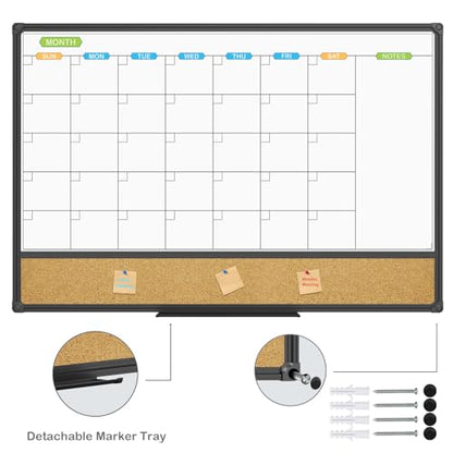 JILoffice Magnetic Calendar Whiteboard & Bulletin Corkboard Combination, Combo Board 36 x 24 Inch, Black Aluminum Frame Wall Mounted Board for Office Home and School with 10 Push Pins