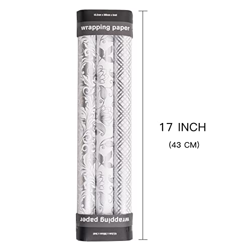 LeZakaa Silver Wrapping Paper Roll, Elegant Metallic Foil Gift Wrap with Floral and Plaid Pattern for Wedding, Anniversary, Birthday, Mothers Day, Bridal Shower, Christmas, 17 x 120 inches, Mini Roll - color: Classic-silver