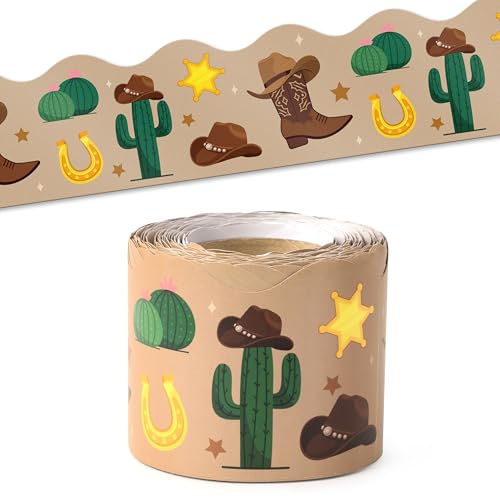 BeYumi Western Cowboy Border Trim - 65ft Back to School Western Cowboy Themed Light Brown Rolled Border Trim Decor Wild West Bulletin Board Set School Classroom Office Chalkboard Party Decoration - style: Western Cowboy Desert