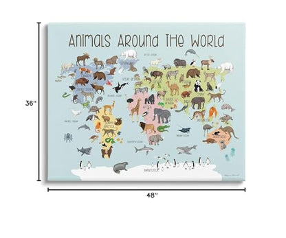 'Animals Around The World Map'| Canvas Art | Stupell Industries | 48 x 36 Inches, Easy to Hang and Sturdy, Made in USA, by Stephanie Workman Marrott - size: 48"L x 36"W
