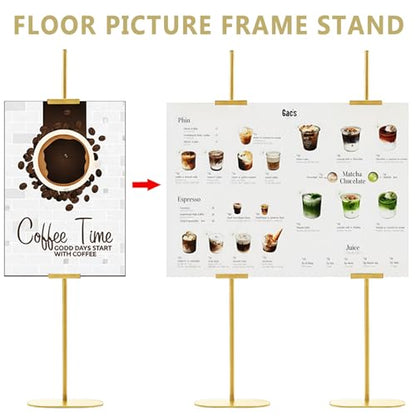 Easel Stand for Sign, Adjustable Display Stands for Frames up to 64", Gold Metal Floor Easels for Painting, Picture Frame Holder Easel for Art Signs Photos, Iron Easel with Base for Home Events