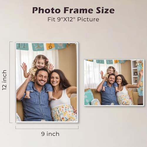 9 x 12 Acrylic Picture Frame, Horizontal/Vertical Clear Photo Frame for Wall with Tape, No Drilling Floating Hanging Frameless Picture Frame, Wall Mount Sign Holder for Home, School, Office - size: 1 Pack 9 x 12 Inches