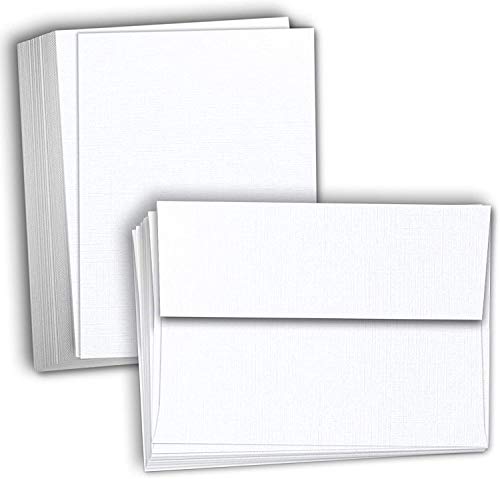 Hamilco White Linen Cards and Envelopes - Flat 5" x 7" Cardstock Paper 80lb Cover 50 Pack - size: 50 Cards with Envelopes